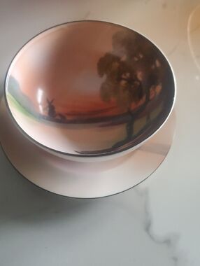 Noritake Pink Glazed Decorative Bowl with Landscape Motif And Plate